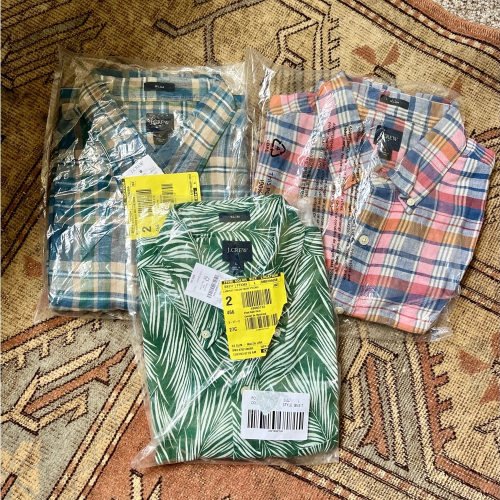 Lot of 3 J. Crew Men's Casual Shirts - Blue Plaid, Green Leaf, Multicolor Plaid